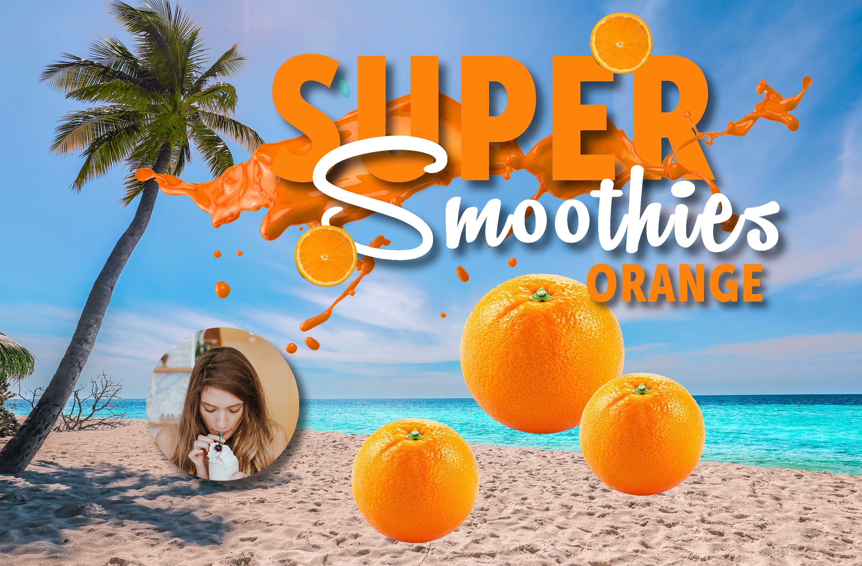 Photoshop super smoothies promotional postcard tropical scene